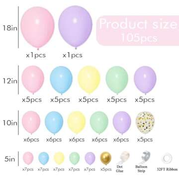 105pcs Pastel Balloons Arch Garland Kit 5" 10" 12" 18 inch Macaron Color Pastel Balloons Different Sizes and Gold Confetti Balloons Set for Easter Wedding Birthday Baby Shower Party Decorations
