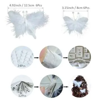 12 PCS White Feather 3D Butterfly Wall Stickers, Glitter Butterflies Decor for Flower Bouquet Nursery Wedding Cake Baby Shower Birtyday Party Decorations DIY Crafts, Butterfly Hair Clips
