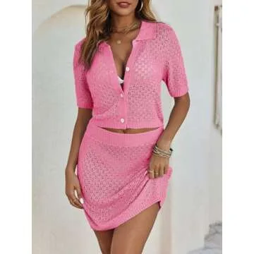 Saodimallsu Women 2 Piece Cover Up Set Crochet Beach Summer Knit Button Short Sleeve Crop Top Mini Skirt Sets Pink