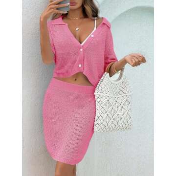 Saodimallsu Women 2 Piece Cover Up Set Crochet Beach Summer Knit Button Short Sleeve Crop Top Mini Skirt Sets Pink
