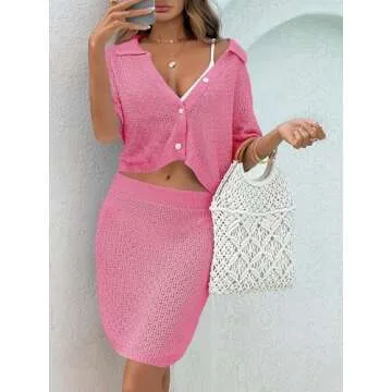 Saodimallsu Women 2 Piece Cover Up Set Crochet Beach Summer Knit Button Short Sleeve Crop Top Mini Skirt Sets Pink