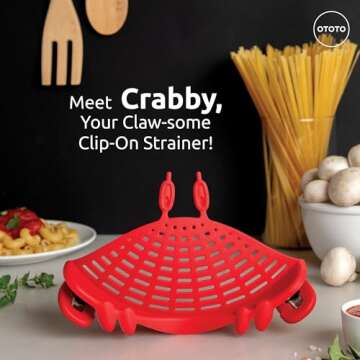 OTOTO Crabby Clip-On Strainer by - Red Crab Pasta Strainer, Noodle Strainer, Cute Kitchen Accessorie...