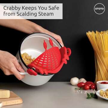 OTOTO Crabby Clip-On Strainer by - Red Crab Pasta Strainer, Noodle Strainer, Cute Kitchen Accessories, Cool Kitchen Gadgets, Food Strainer for Meat