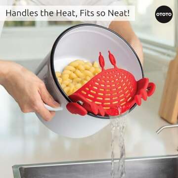 OTOTO Crabby Clip-On Strainer by - Red Crab Pasta Strainer, Noodle Strainer, Cute Kitchen Accessories, Cool Kitchen Gadgets, Food Strainer for Meat