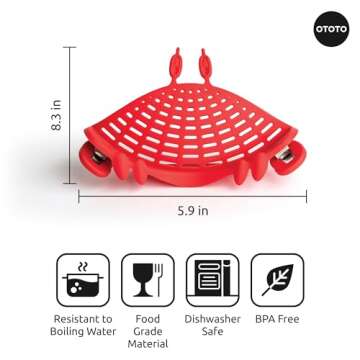 OTOTO Crabby Clip-On Strainer by - Red Crab Pasta Strainer, Noodle Strainer, Cute Kitchen Accessories, Cool Kitchen Gadgets, Food Strainer for Meat