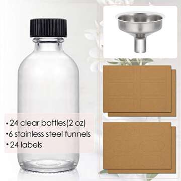 24 Pack, 2 oz Small Clear Glass Bottles w/ Lid & 6 Stainless Steel Funnels - 60ml Boston Sample Bott...
