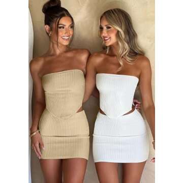 CHYRII Womens Sexy Summer Two Piece Outfits Bandeau Going Out Crop Tops Bodycon Skirt Sets Mini Dress Apricot M