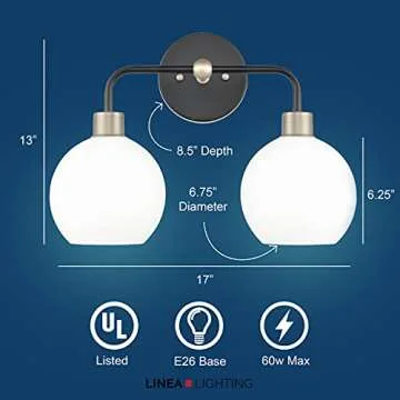 Linea di Liara Lukasa Modern Bathroom Vanity Lights Fixtures 2-Lights Over Mirror Lighting Matte Black with Brushed Nickel Vanity Lights for Bathroom Light Fixtures Frosted Glass Covers, UL Listed