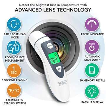 iProven Thermometer for Adults Forehead and Ear - Fever Alarm, 1 Second Reading, Color Temperature I...