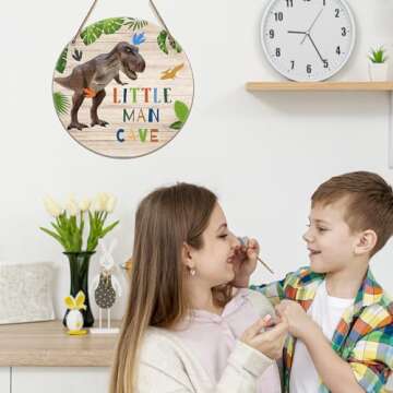 Little Man Cave - Dinosaur Quote Wood Hanging Wall Art Decor for boys-bedroom Kid's playroom living room decorations