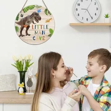 Little Man Cave - Dinosaur Quote Wood Hanging Wall Art Decor for boys-bedroom Kid's playroom living room decorations