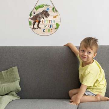 Little Man Cave - Dinosaur Quote Wood Hanging Wall Art Decor for boys-bedroom Kid's playroom living room decorations
