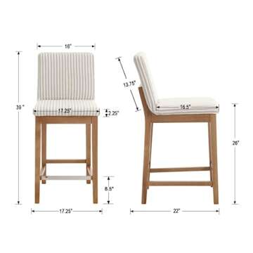 DM Furniture Counter Height Bar Stools Set of 4 Linen Fabric Upholstered Kitchen Island Stools with Back 26" Mid Century Rectangle Breakfast Bar Stools for Dining Room/Home Bar/Patio, Khaki Stripe