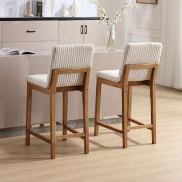 DM Furniture Counter Height Bar Stools Set of 4 Linen Fabric Upholstered Kitchen Island Stools with Back 26" Mid Century Rectangle Breakfast Bar Stools for Dining Room/Home Bar/Patio, Khaki Stripe