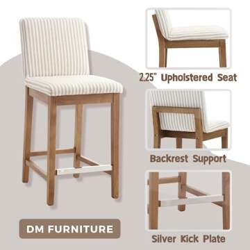 DM Furniture Counter Height Bar Stools Set of 4 Linen Fabric Upholstered Kitchen Island Stools with Back 26" Mid Century Rectangle Breakfast Bar Stools for Dining Room/Home Bar/Patio, Khaki Stripe