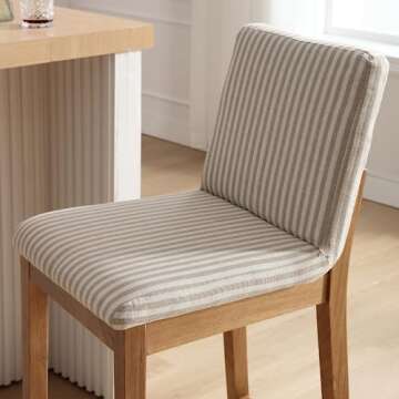 DM Furniture Counter Height Bar Stools Set of 4 Linen Fabric Upholstered Kitchen Island Stools with Back 26" Mid Century Rectangle Breakfast Bar Stools for Dining Room/Home Bar/Patio, Khaki Stripe