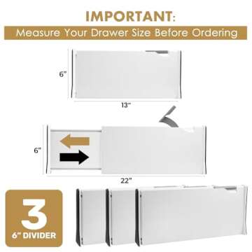 RAPTUROUS Adjustable Drawer Dividers, 6" Tall, Expandable 13-22", 3-Pack, Non-Slip for Deep Drawers ...