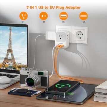 European Travel Plug Adapter, TESSAN Type C Power Adaptor with 4 AC Outlets 3 USB Ports (2 USB C), E...