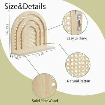 Sumbame Natural Rattan Wall Shelf,Handmade Woven Hanging Shelves for Wall,Rustic Farmhouse Boho Shelf for Storage,Decorative Arched Wall Shelf for Kids Room,Bedroom,Living Room,Office
