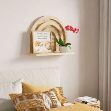 Sumbame Natural Rattan Wall Shelf,Handmade Woven Hanging Shelves for Wall,Rustic Farmhouse Boho Shelf for Storage,Decorative Arched Wall Shelf for Kids Room,Bedroom,Living Room,Office