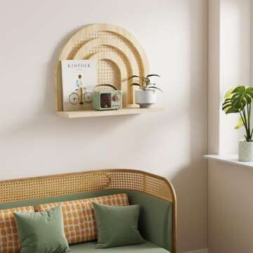 Sumbame Natural Rattan Wall Shelf,Handmade Woven Hanging Shelves for Wall,Rustic Farmhouse Boho Shelf for Storage,Decorative Arched Wall Shelf for Kids Room,Bedroom,Living Room,Office