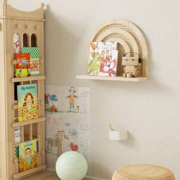 Sumbame Natural Rattan Wall Shelf,Handmade Woven Hanging Shelves for Wall,Rustic Farmhouse Boho Shelf for Storage,Decorative Arched Wall Shelf for Kids Room,Bedroom,Living Room,Office