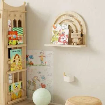 Sumbame Natural Rattan Wall Shelf,Handmade Woven Hanging Shelves for Wall,Rustic Farmhouse Boho Shelf for Storage,Decorative Arched Wall Shelf for Kids Room,Bedroom,Living Room,Office