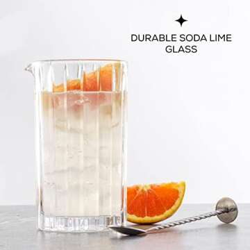 JoyJolt Mixing Glass Pitcher - Alina Ribbed Glassware. 20oz Cocktail Mixing Glass Beaker, Modern Art Deco Cocktail Stirring Glass, Heavy Base Glassware.