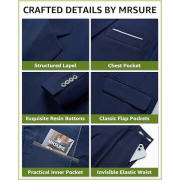 MrSure Men's 3 Piece Suit Blazer, Slim Fit Tux with One Button, Jacket Vest Pants & Tie Set for Party, Wedding and Business Blue