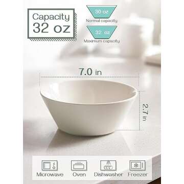 DOWAN 32 OZ Large Soup Bowls Set of 4 - White Ceramic Bowls for Ramen, Cereal, Pasta, Salad, Fruit - Dishwasher & Microwave Safe