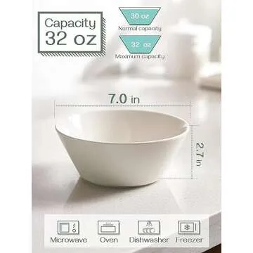 DOWAN 32 OZ Large Soup Bowls Set of 4 - White Ceramic Bowls for Ramen, Cereal, Pasta, Salad, Fruit - Dishwasher & Microwave Safe