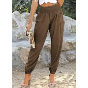 Dokotoo Women's Spring Boho Pants Long Rosa High Waisted Elephant Dressy Trousers Petite 2025 Palazzo Parachute Spring with Pockets Plus Size,Desert Palm Medium