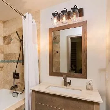 LNC Farmhouse Mason Jar Bathroom Vanity Light Fixtures with Wood Finish
