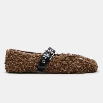 XBKXMK Fur Ballet Flats with Buckle for Women Mary Jane Flats Adjustable Strap Comfy Faux Shearling ...