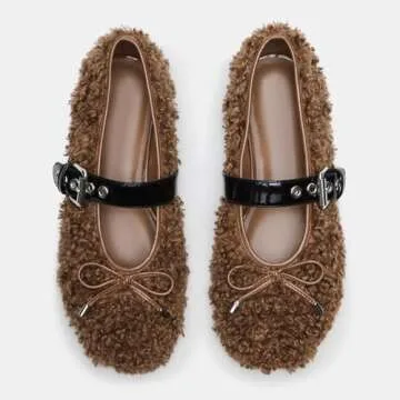XBKXMK Fur Ballet Flats with Buckle for Women Mary Jane Flats Adjustable Strap Comfy Faux Shearling Flat Ballerina Flat Shoes Causal Daily Dress Shoes Brown