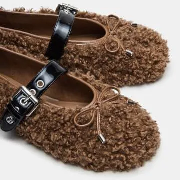 XBKXMK Fur Ballet Flats with Buckle for Women Mary Jane Flats Adjustable Strap Comfy Faux Shearling Flat Ballerina Flat Shoes Causal Daily Dress Shoes Brown