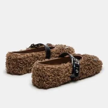 XBKXMK Fur Ballet Flats with Buckle for Women Mary Jane Flats Adjustable Strap Comfy Faux Shearling Flat Ballerina Flat Shoes Causal Daily Dress Shoes Brown