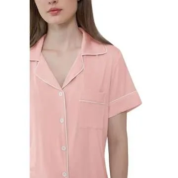 Womens Viscose Pajamas Set Short Sleeve Summer Pjs Shorts Set(Peach Coral,M)