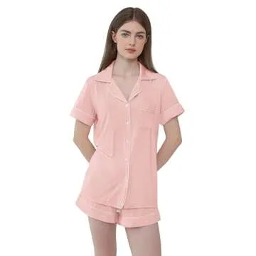 Womens Viscose Pajamas Set Short Sleeve Summer Pjs Shorts Set(Peach Coral,M)