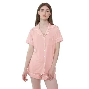 Womens Viscose Pajamas Set Short Sleeve Summer Pjs Shorts Set(Peach Coral,M)