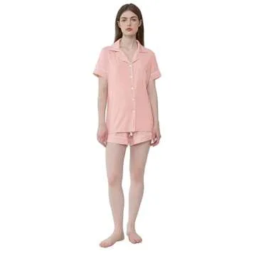 Womens Viscose Pajamas Set Short Sleeve Summer Pjs Shorts Set(Peach Coral,M)