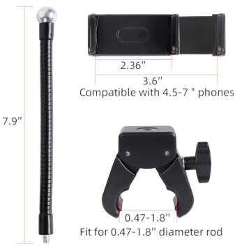FPN Mic Stand Phone Holder, Flexible Phone Mount with 7.9" Removable Gooseneck for Microphone Music Stand, 360°Adjustable Phone Holder for iPhone 16 Pro Max, 15 Plus, Samsung Galaxy All Smartphones