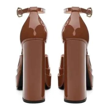 FOGEENA Dark Brown Platform Chunky Heels for Women Block High Heels Patent Closed Round Toe Ankle Strap 5.9 Inch Pumps Fashion Dating Prom Party Dress Shoes Size 9.5