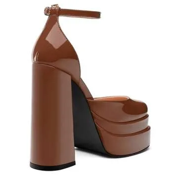 FOGEENA Dark Brown Platform Chunky Heels for Women Block High Heels Patent Closed Round Toe Ankle Strap 5.9 Inch Pumps Fashion Dating Prom Party Dress Shoes Size 9.5