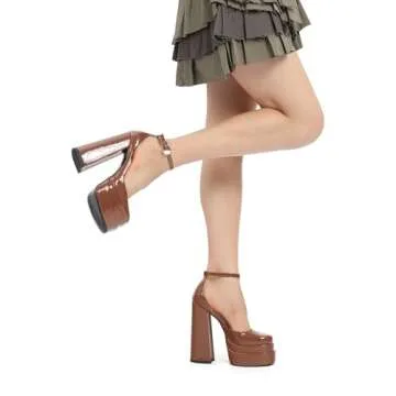 FOGEENA Dark Brown Platform Chunky Heels for Women Block High Heels Patent Closed Round Toe Ankle Strap 5.9 Inch Pumps Fashion Dating Prom Party Dress Shoes Size 9.5