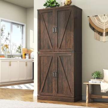 Hlivelood Farmhouse Kitchen Pantry Cabinet, 71" Tall Storage Cabinet with Adjustable Shelves & 4 Barn Doors & Drawer, Rustic Wood Cupboard for Kitchen, Dining Room, Living Room, Brown