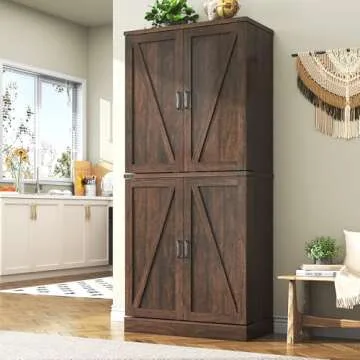 Hlivelood Farmhouse Kitchen Pantry Cabinet, 71" Tall Storage Cabinet with Adjustable Shelves & 4 Barn Doors & Drawer, Rustic Wood Cupboard for Kitchen, Dining Room, Living Room, Brown