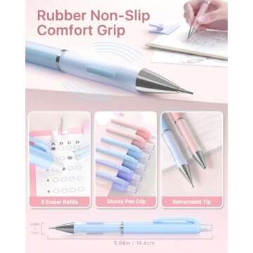 Four Candies Pastel Mechanical Pencil Set - 6PCS 0.5 mm & 0.7mm Pencils with 360PCS HB #2 Lead Refills, 3PCS Erasers and 9PCS Eraser Refills, Cute School Supplies Stuff for Student Writing Drawing