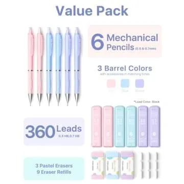 Four Candies Pastel Mechanical Pencil Set - 6PCS 0.5 mm & 0.7mm Pencils with 360PCS HB #2 Lead Refills, 3PCS Erasers and 9PCS Eraser Refills, Cute School Supplies Stuff for Student Writing Drawing