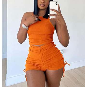 Woman's Workout 2 Piece Outfits Ribbed Crop Tops and High Waist Running Biker Shorts Tracksuits Sets Orange XXL